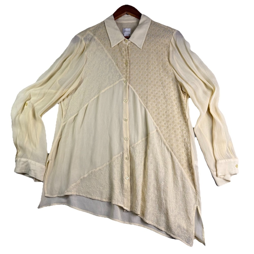 Chico's 2 Sheer Tunic Top Women's L Button Yellow Embroidered Roll Tab Sleeve
